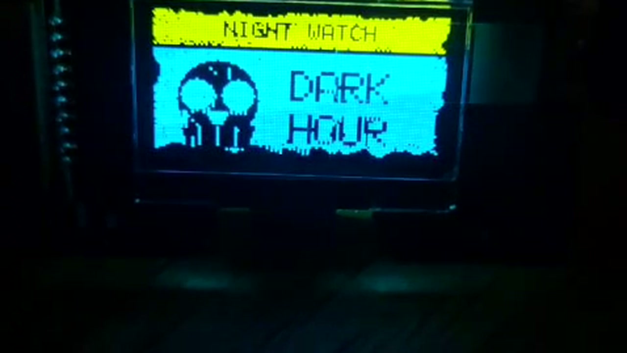 OLED frame — NIGHT WATCH / DARK HOUR — skull icon